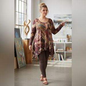 Soft Surroundings Brown Artsy Print Scoop Neck Long Sleeve Tunic Top Size XL